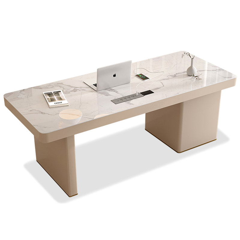 Bureau en pierre frittée de style crème avec armoire à tiroirs, H 29,5 po x l 70,9 po x P 27,6 po