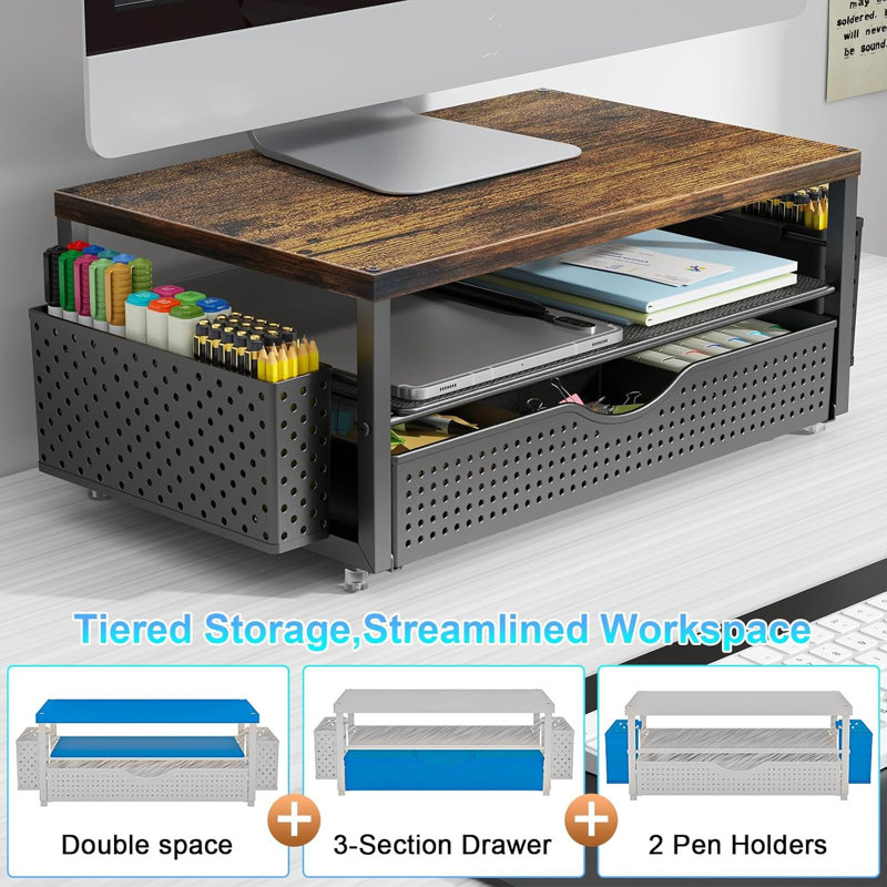 2-tier Wood Monitor Stand Riser With Drawer & Pen Holder