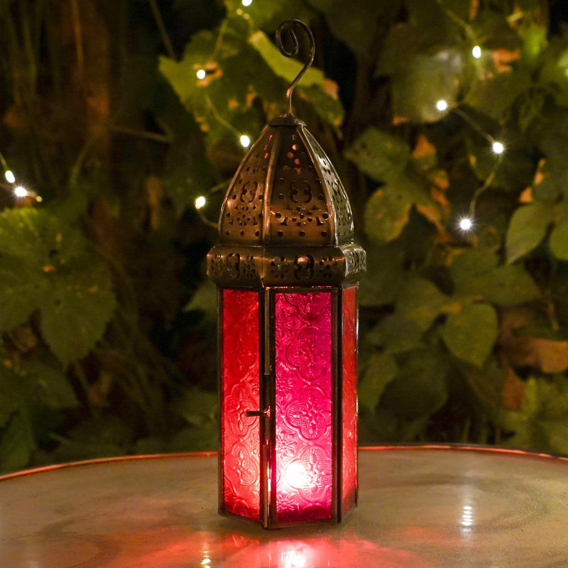 Grande lanterne hexagonale en verre, Rouge / rose