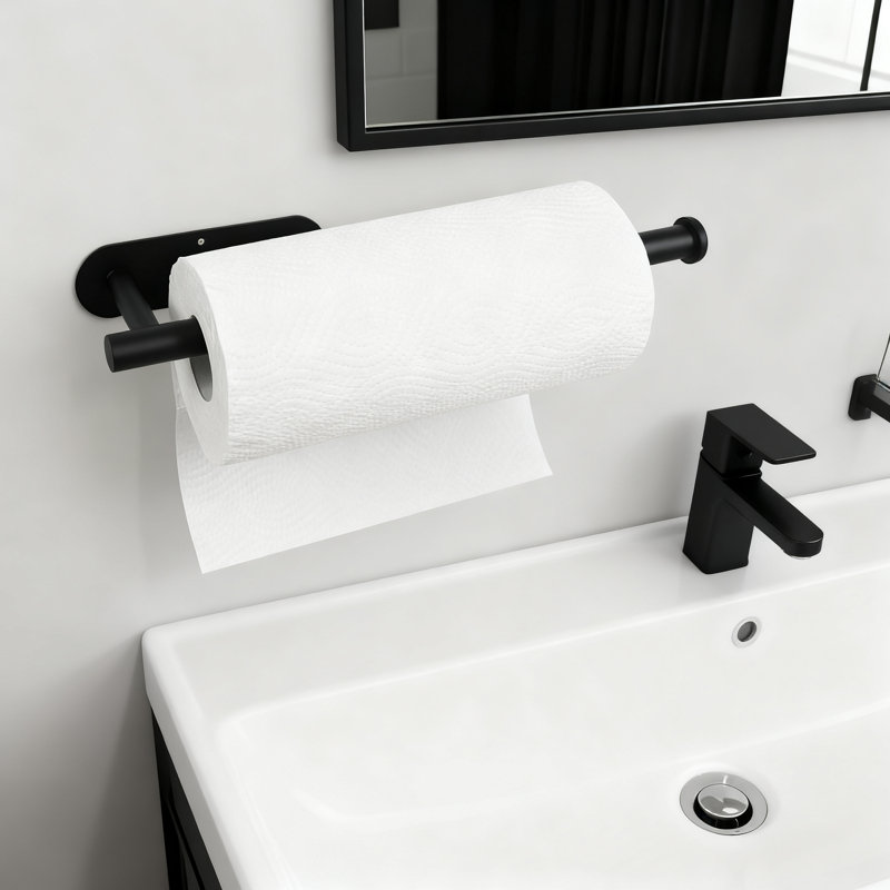 Porte-essuie-tout sous armoire avec fixation adhésive et rouleau en acier inoxydable compact pour l'organisation de la cuisine et de la salle de bain