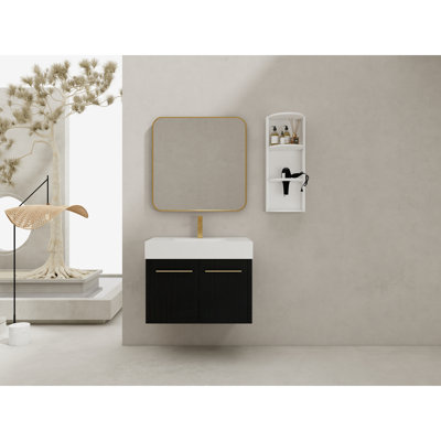 Meuble-lavabo de 30 po, lavabo en résine, support de rangement assorti, charnières à fermeture en douceur, contreplaqué avec évier à rebords épais et couleur châtaignier noir, matériau de la porte, espace généreux, style moderne, ergonomique