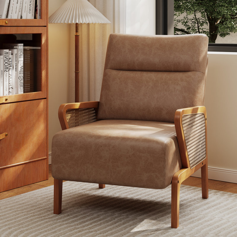 Chaise d'appoint rembourrée avec accoudoirs en rotin et pieds en bois massif, Similicuir brun