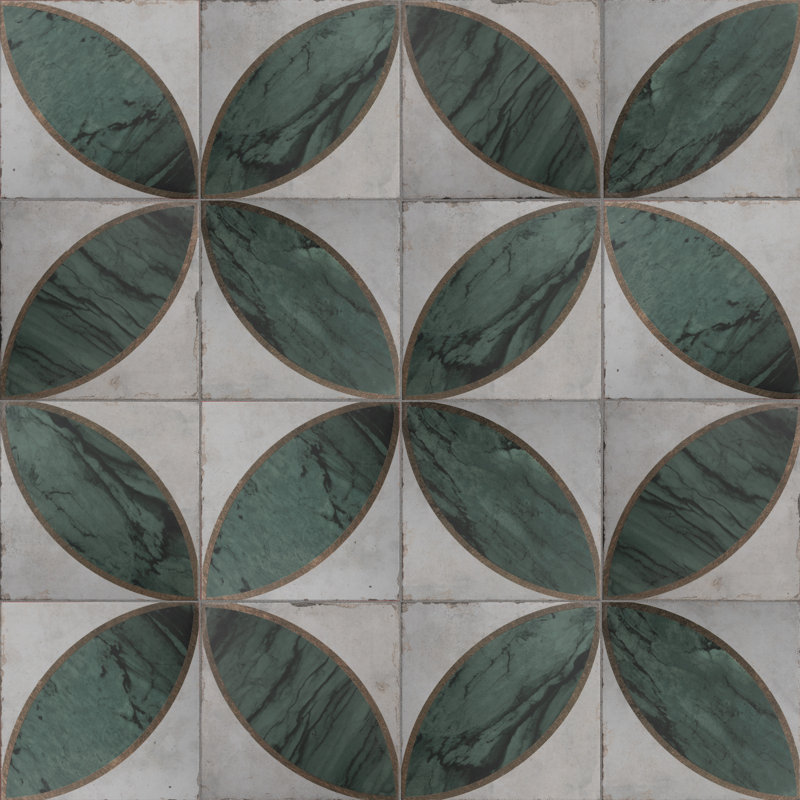 Renaissance Deco 8" x 8" Porcelain Patterned Wall & Floor Tile, Green/White