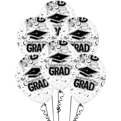 Ballons de graduation de la classe 2025 avec imprimé intégral de bouchons de gradins blancs - confettis et banderoles | Articles de graduation | Congratulations Grad