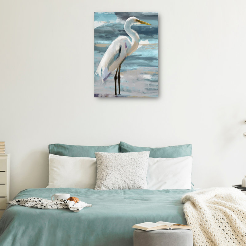 Sunday Egret White and Gray Canvas Art Print 14" x 11"
