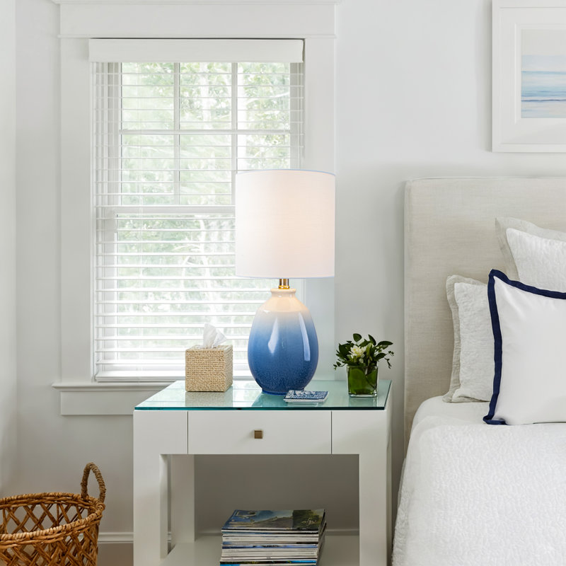 19in. Gradient Blue Ceramic Table Lamp With White Linen Shade And Brushed Nickel Lamp Neck, Gradient Blue