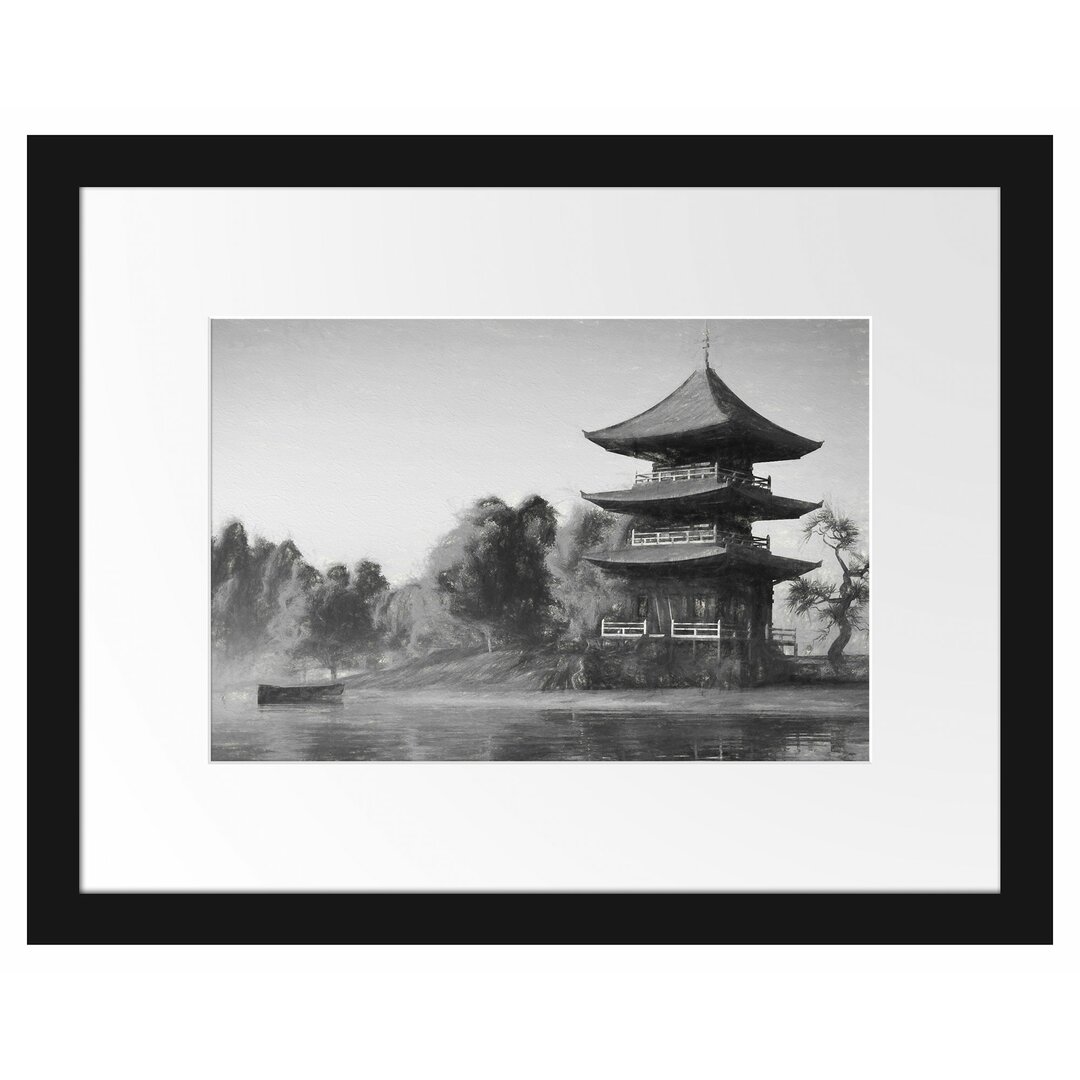 Gerahmtes Papierbild Asiatischer Tempel an See