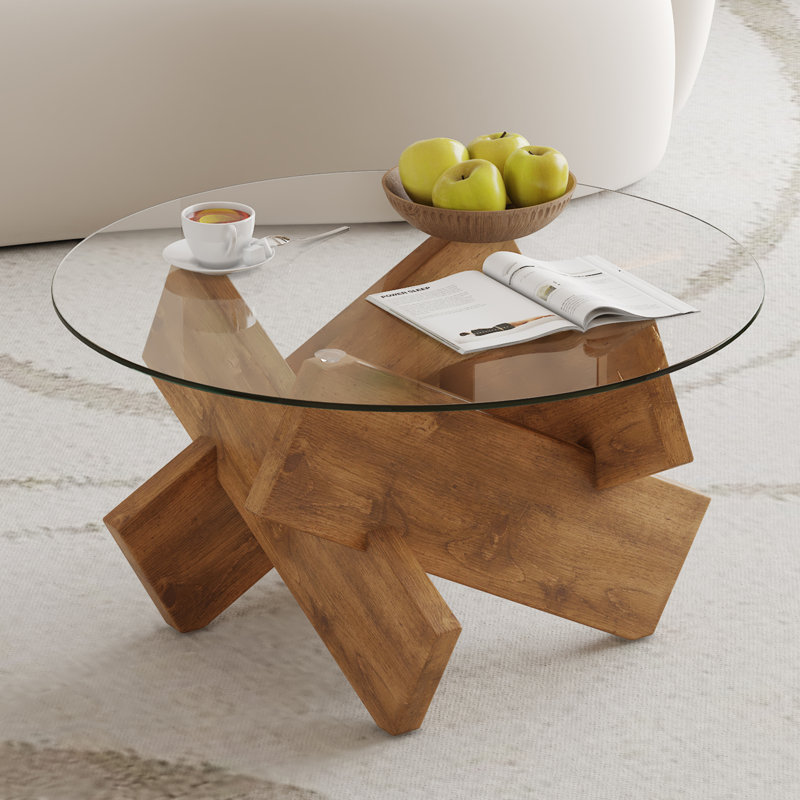 Bridgeview Glass Top Coffee Table, Natural Wood