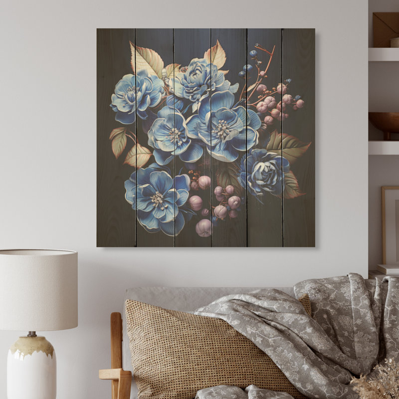 Harmonie noire et bleue «I», art mural bois d'hortensia sur bois de pin naturel, H 25 po x l 25 po