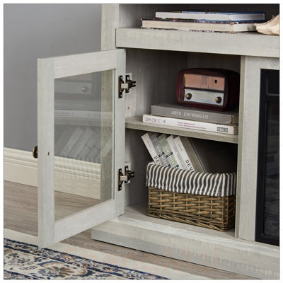 Meuble télé contemporain avec meuble télé avec foyer encastrable 18 po pour téléviseur de 65 po et moins avec espace de rangement ouvert et fermé, rehaussant l'esthétique et la fonctionnalité du salon.