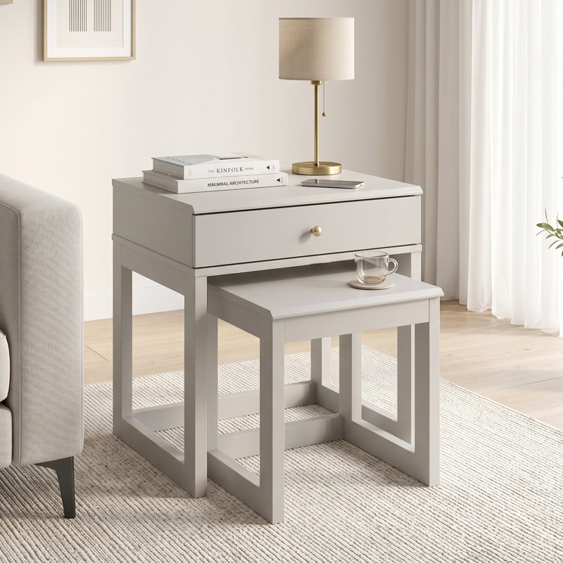 Limestone 2 Piece Nesting Bedside Table Set with Drawer, Light Grey
