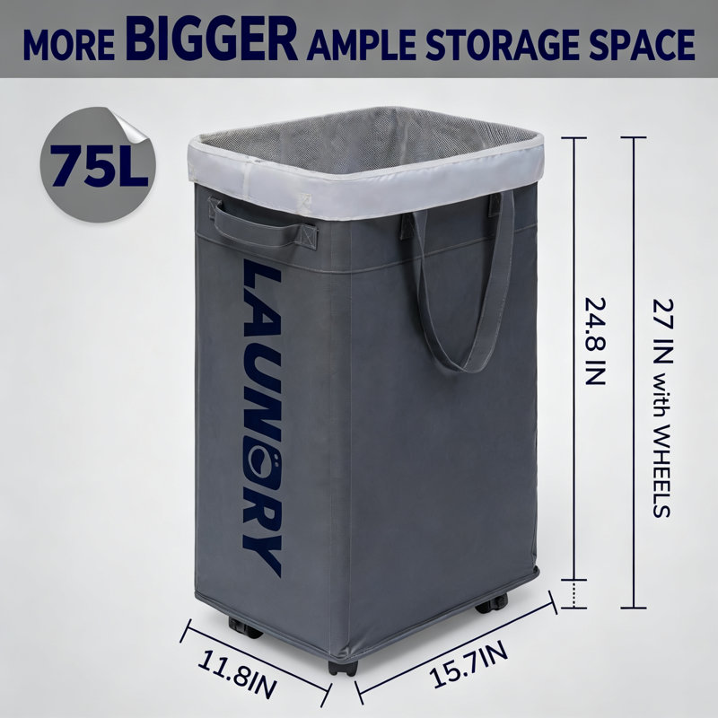 Slim Laundry Hamper with Wheels 75L, Collapsible Rolling Laundry Basket ,(Grey), Gray
