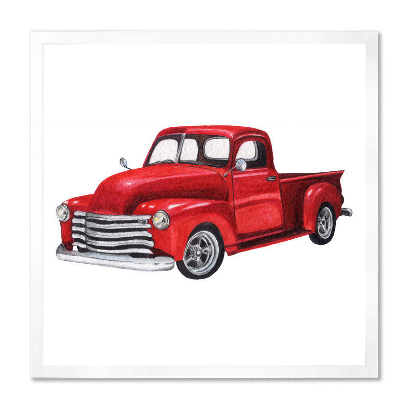 Camionnette rouge rétro - peinture sur toile, H 36 po x l 36 po x P 1,5 po, Toile avec cadre blanc