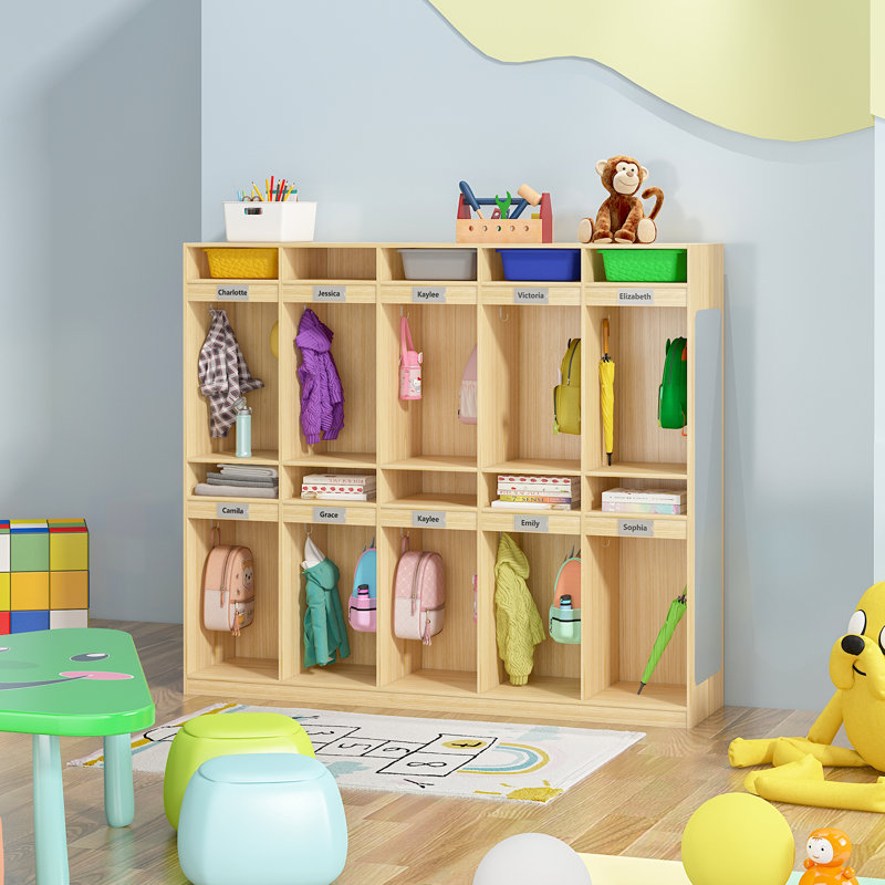 Vestiaire à 8 compartiments avec 8 casiers, casiers pour garderie avec 16 crochets et miroir acrylique, casiers pour maternelle, maison, école, garderie