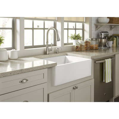 Austen Crisp White Fireclay Single Bowl Farmhouse Apron Front Undermount Kitchen Sink -  Sinkology, SK494-24FC-SS