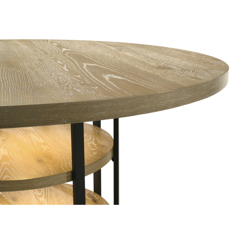 Eden 59" Round Rustic Oak Dining Table With LED Light, Black Metal Frame, Shelves