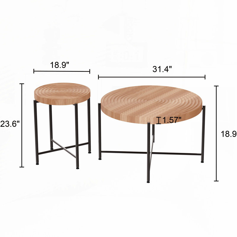 2-Piece Coffee and End Table Set, Natural Wood/Brown, Black