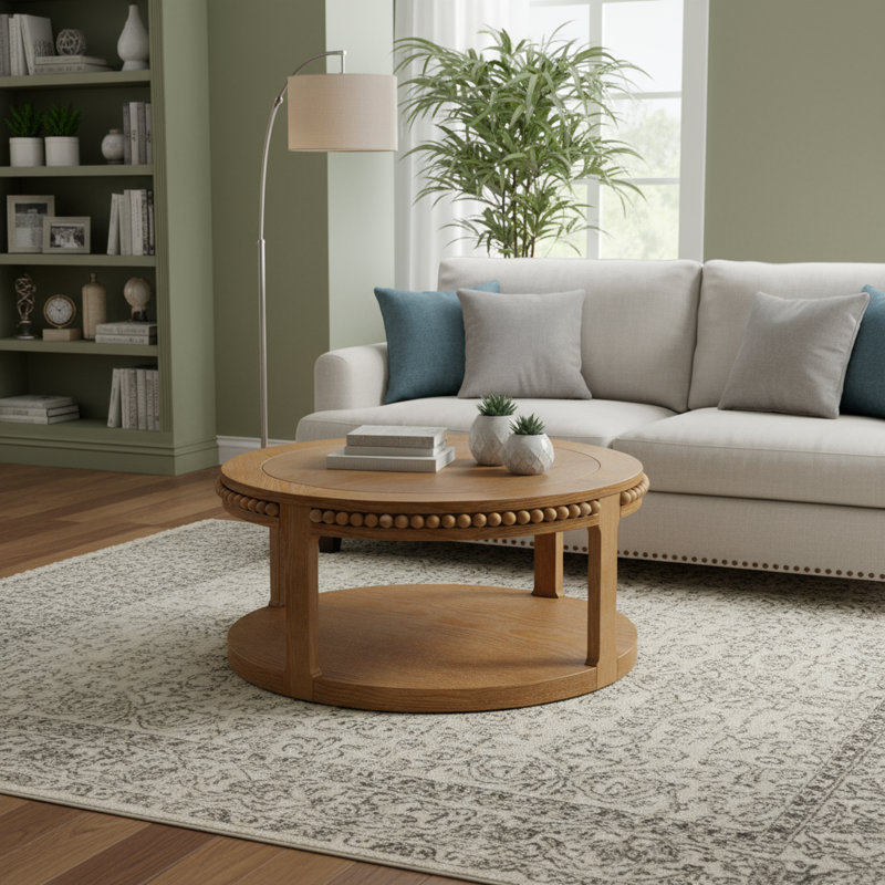 Table ronde en bois massif noyer avec plateau double et pieds robustes, convient au salon, convient à une table basse / canapé