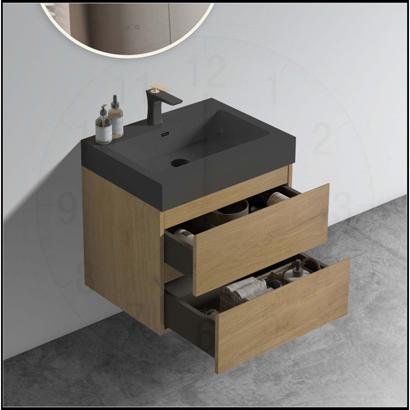 Meuble-lavabo mural avec lavabo et beaucoup de rangement, 24", Chêne clair