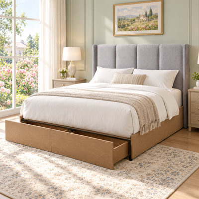 Modern King Linen Upholstered 2 Footboard Drawers Platform Bed with Wingback, Light Grey
