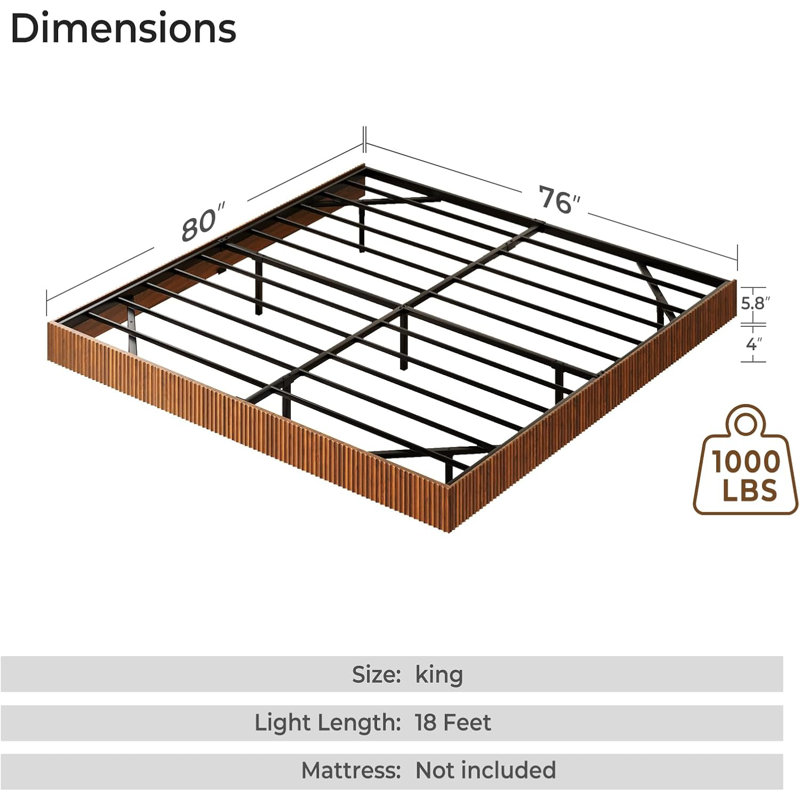 Natural Floating Bed Frame With Led Lights, Modern Fluted Oak Platform Bed Frame Floating, Heavy Duty Metal Slats, No Box Spring Required