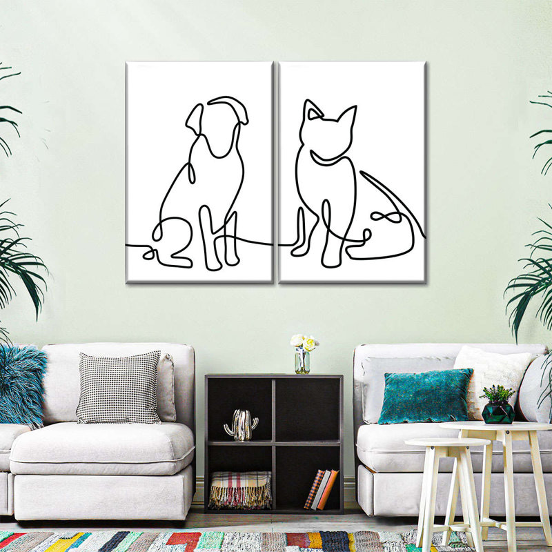 One Line Dog and Cat, reproduction d'art sur toile, H 45 po x l 61 po x P 1,25 po