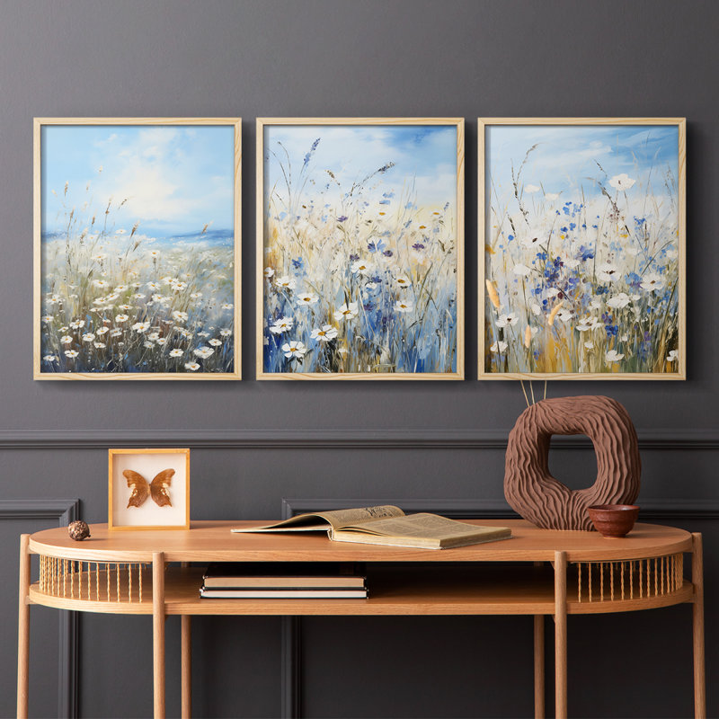 Étude florale, série IX, ensemble de 3 estampes numériques, prêt à accrocher, Encadré naturel, H 28 po x l 22 po