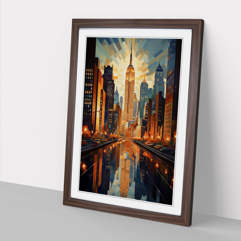 New York Deco - Single Picture Frame Print on Wood, Walnut , 64cm H x 46cm W x 2cm D