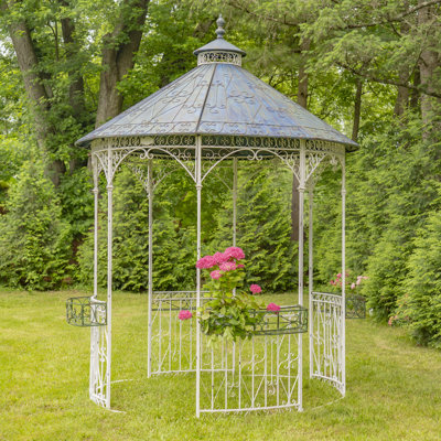 11.25ft. Tall Round Iron Gazebo with Four Side Walls & Flowers Baskets Seville