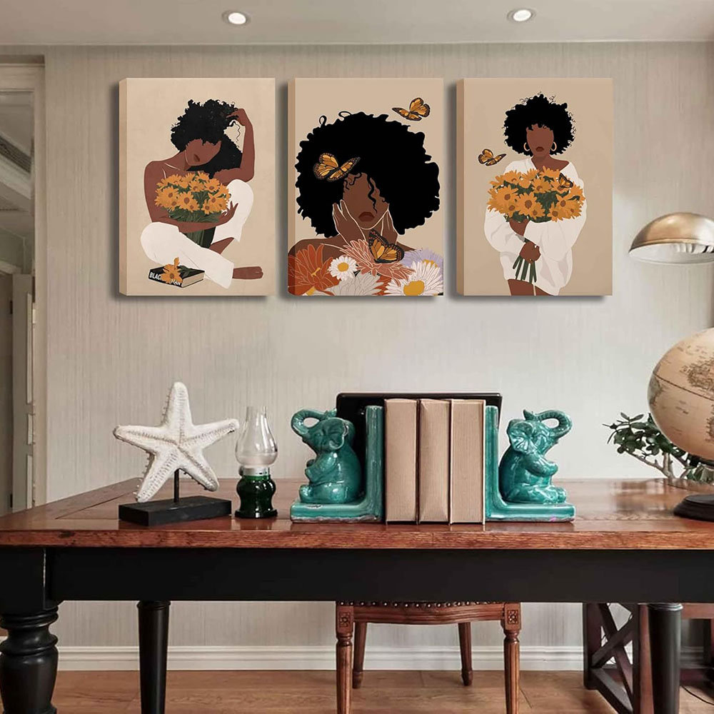 3Pcs Black Woman Wall Art Boho Black Girl Sunflower Posters Pictures African American Canvas Prints Fashion Flower Art Paintings For Nordic Minimalist