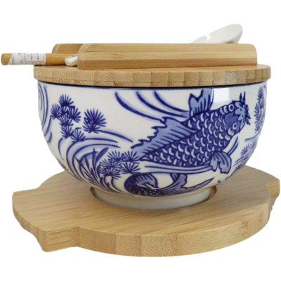Koi Fish 28Oz Donburi Ramen Bowl With Lid Trivet Spoon Chopsticks Set