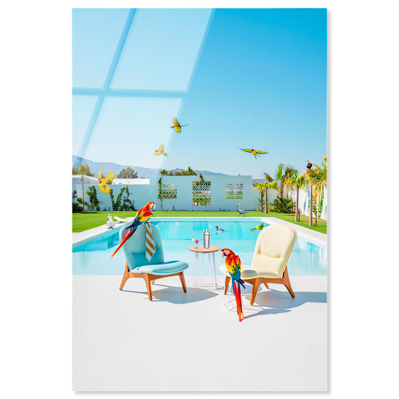 «Parrot Paradise», impression acrylique près de la piscine par Notoriart, prête à être accrochée, H 15 po x l 10 po