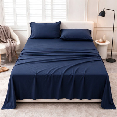 Ensemble de draps en jersey de coton bleu marine, taille king, convient aux matelas jusqu'à 50 cm d'épaisseur, poches extra profondes