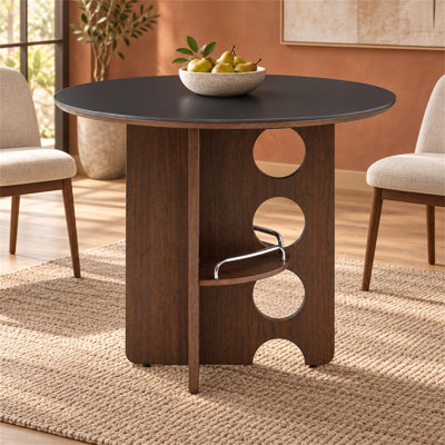 Table de salle à manger ronde en pierre frittée de 90 cm (35,4 po), style médiéval vintage avec séparateur de rangement, pieds en MDF imitation bois, 2 à 4 couverts