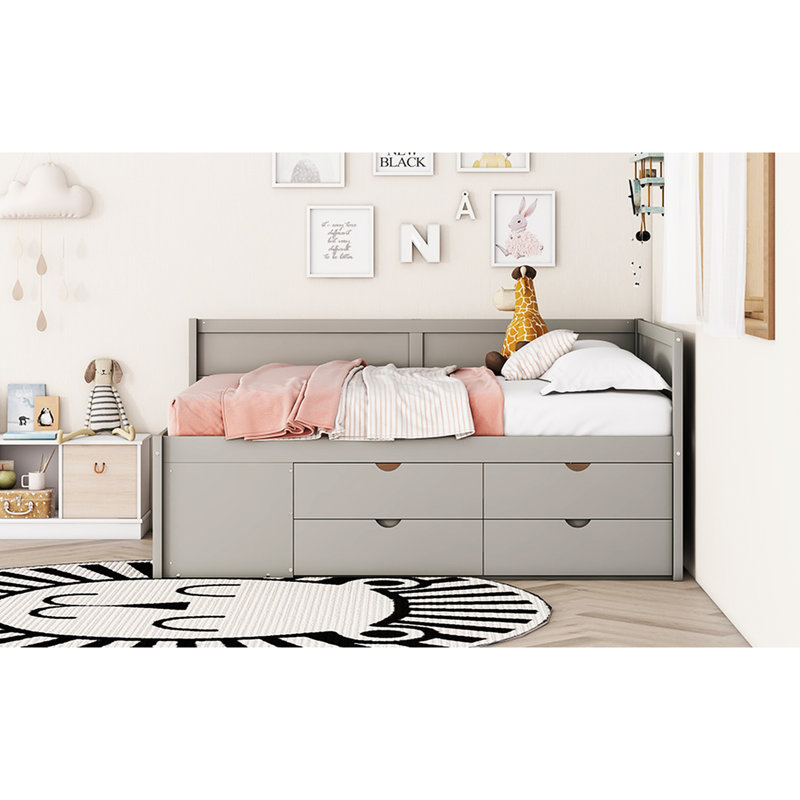 Lit de jour double avec tiroirs et tablettes, gris - construction solide, espace de rangement pratique pour tablette et tiroir, taille, lit moderne