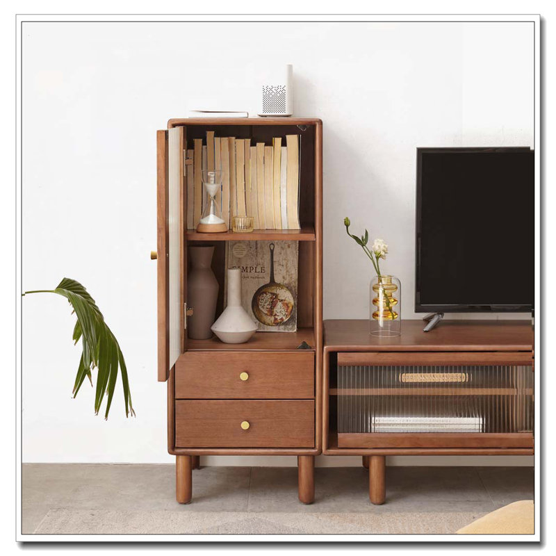 Armoire de rangement Brynden pour le salon - table de rangement d'armoires de coin autoportante avec porte en verre rétro, 2 tablettes, 2 tiroirs et poignée en laiton pour le meuble télé d'entrée de cuisine, 37,4 po