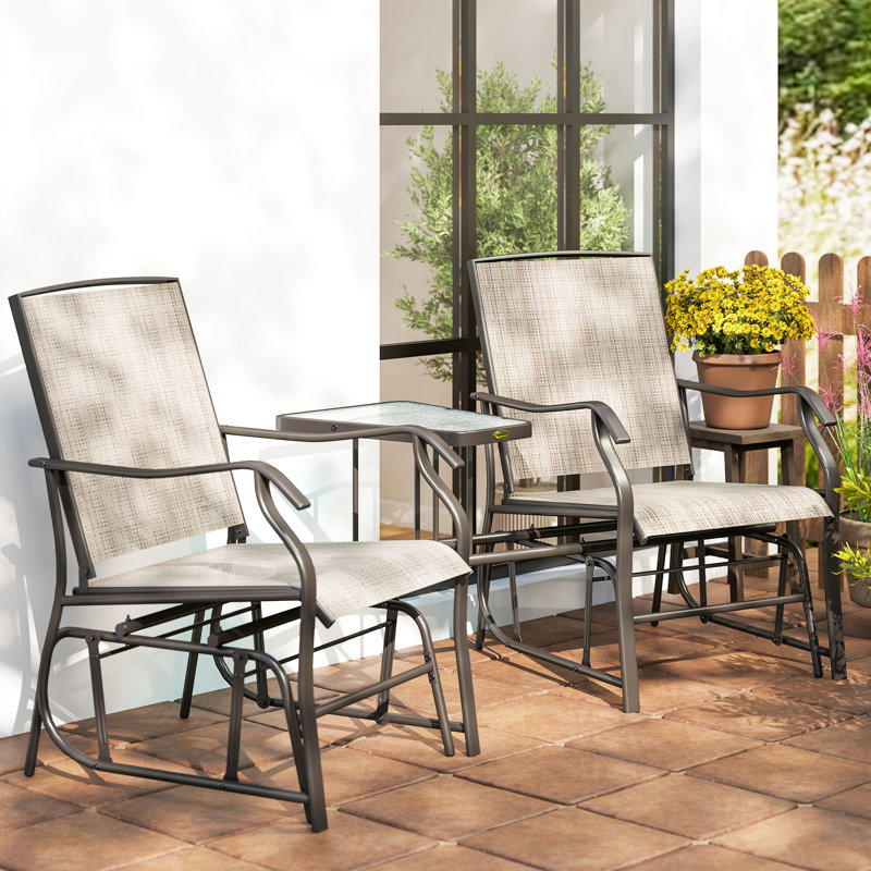 Double Patio Glider Chair with Glass Top Center Table, Light Brown, Light Brown