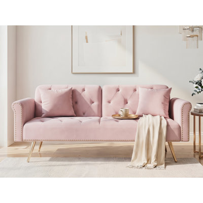 Canapé convertible en velours 69 po, canapé-lit futon avec 2 coussins carrés, dossier réglable pour le salon