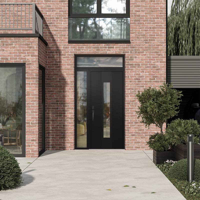 Porte d'entrée pré-suspendue en acier noir avec panneau latéral droit et traverse gauche, L 51,25 po x H 95,69 po