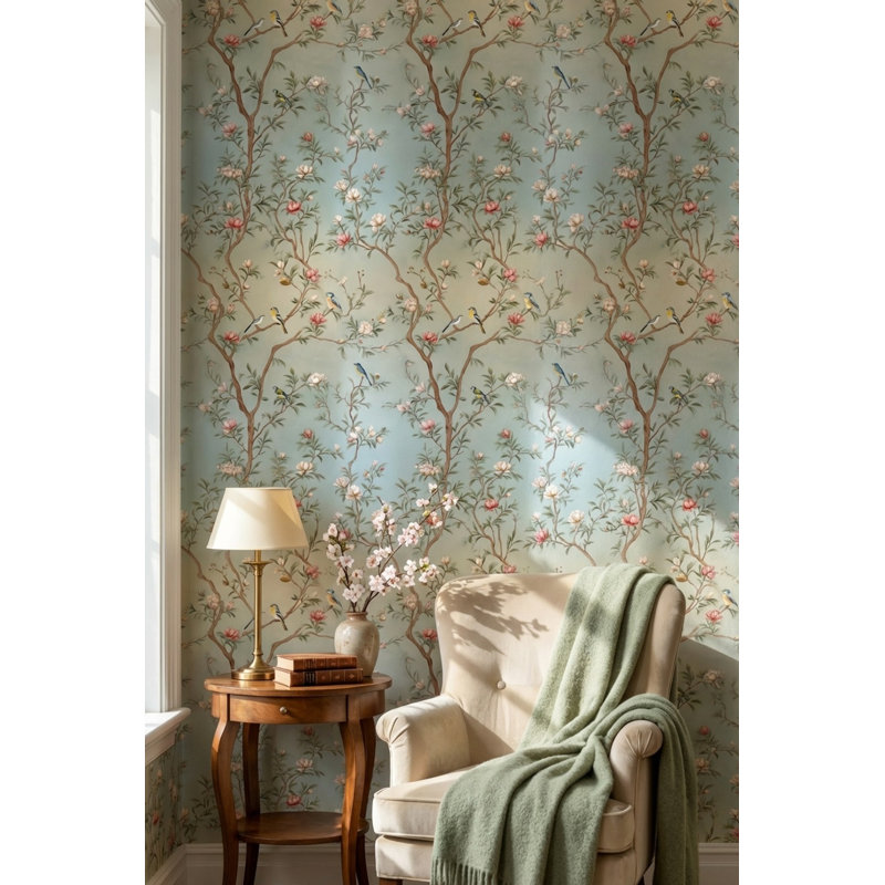 Papier peint floral oiseaux traditionnels amovibles