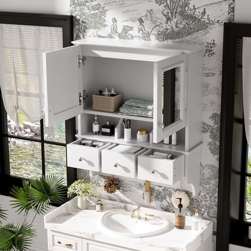 Wall Mounted 41 Bathroom Mirror Cabinet With Drawers, Organizer Hooks, And High-Define Mirrors, White, Modern For Use 24-Inch Style Vanity