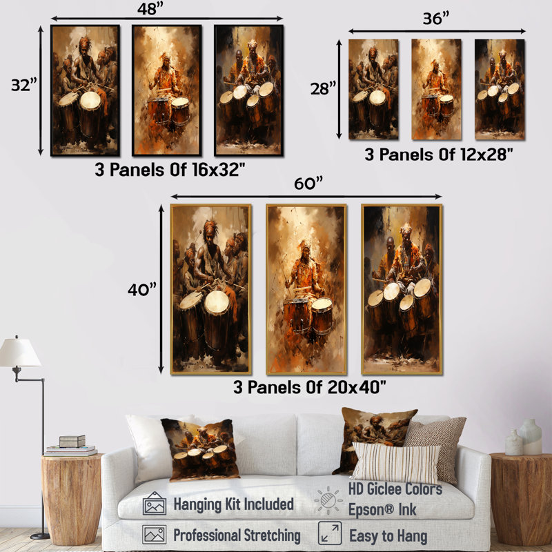 «Traditional African Drum Drama», ensemble d'art mural sur toile 3 pièces, Cadre flottant noir, H 28 po x l 36 po