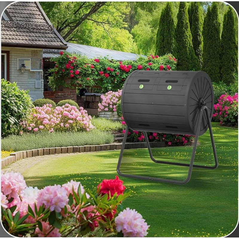 Gobelet à compost roulé noir à une chambre 142L / 37,5gal - L 28,23 ", résine de polypropylène durable, résistant aux rayons UV et aux intempéries, facile à nettoyer et à assembler