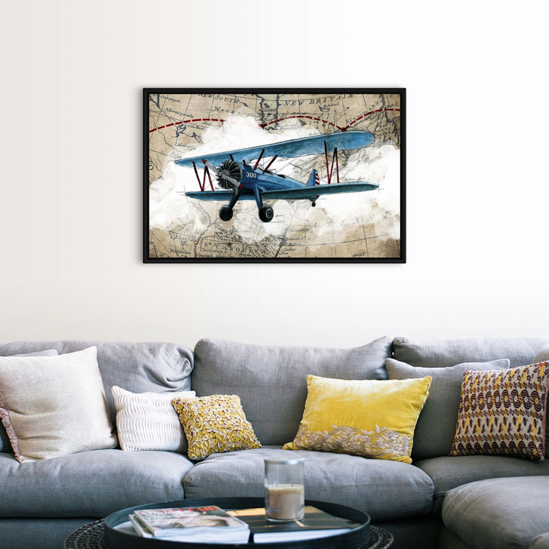 Biplane 1-impression d’art graphique sur toile, H 34 po x l 50 po x P 1,75 po, Cadre noir