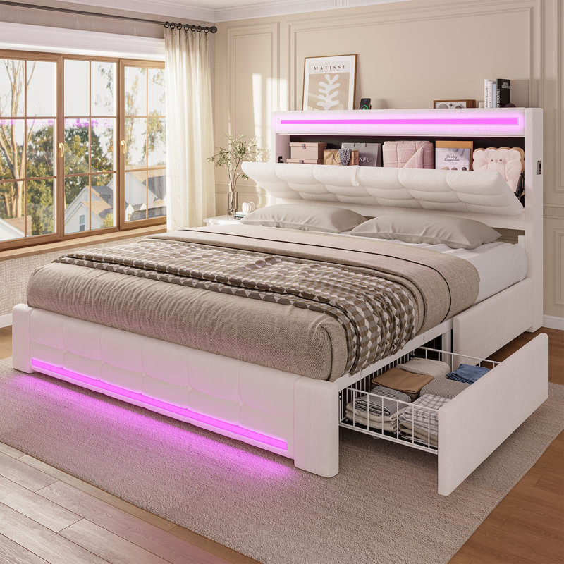 Bed Frames with Storage Headboard & 4 Drawers, LED Bed Frame with Charging Station, Upholstered Platform Bed,No Box Spring Needed