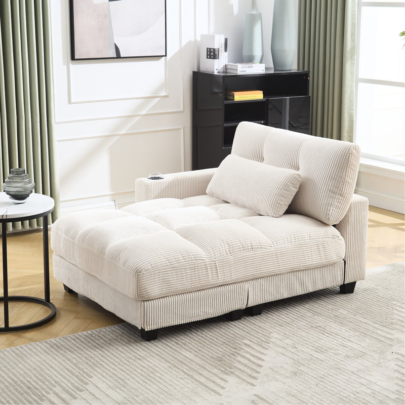 Méridienne beige en velours côtelé avec accoudoirs interchangeables et coussin en tissu, coussin de charge et compartiment latéral