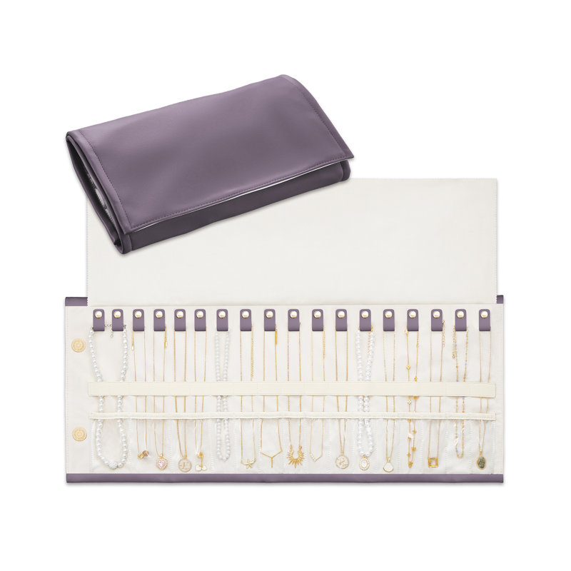 Organisateur de colliers de voyage, étui à bijoux pliable et enroulable en velours de polyuréthane, Large, 18 Slots, Mauve