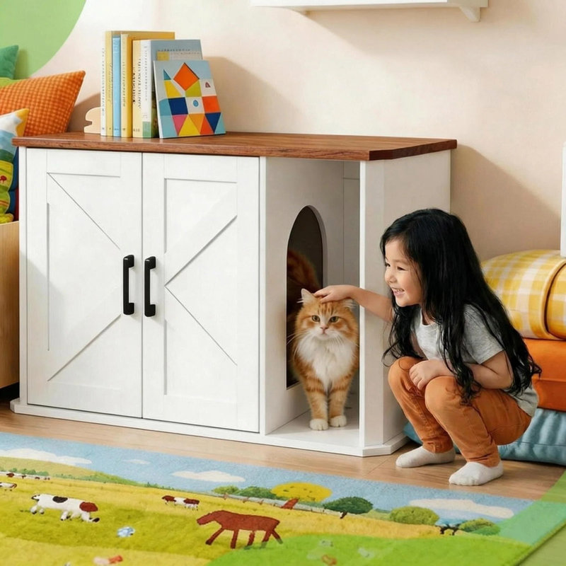 Metal Litter Box Enclosure, White/Brown