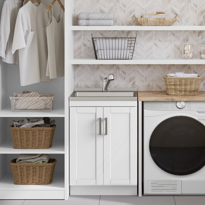 Kyle - Armoire à linge 24 po avec robinet et évier en acier inoxydable - blanc, 24"