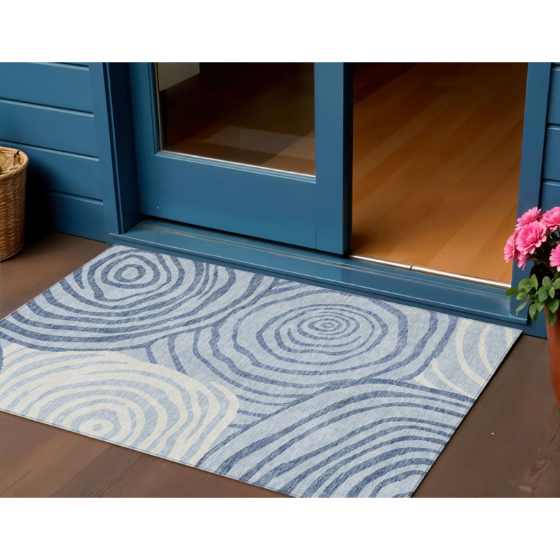 Tapis extérieur lavable abstrait bleu ciel et ivoire 3 pi x 5 pi bleu denim